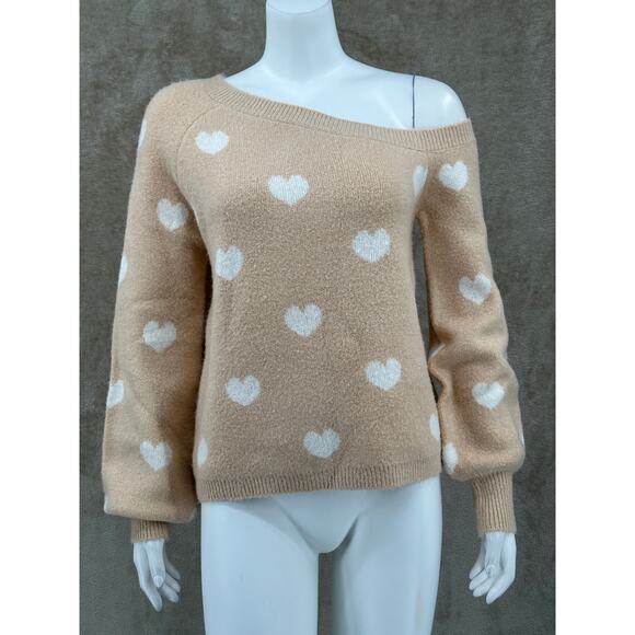 Lovers + Friends Sweater Womens Small Tan Cream Hearts Knit One Shoulder Plush - Picture 1 of 10